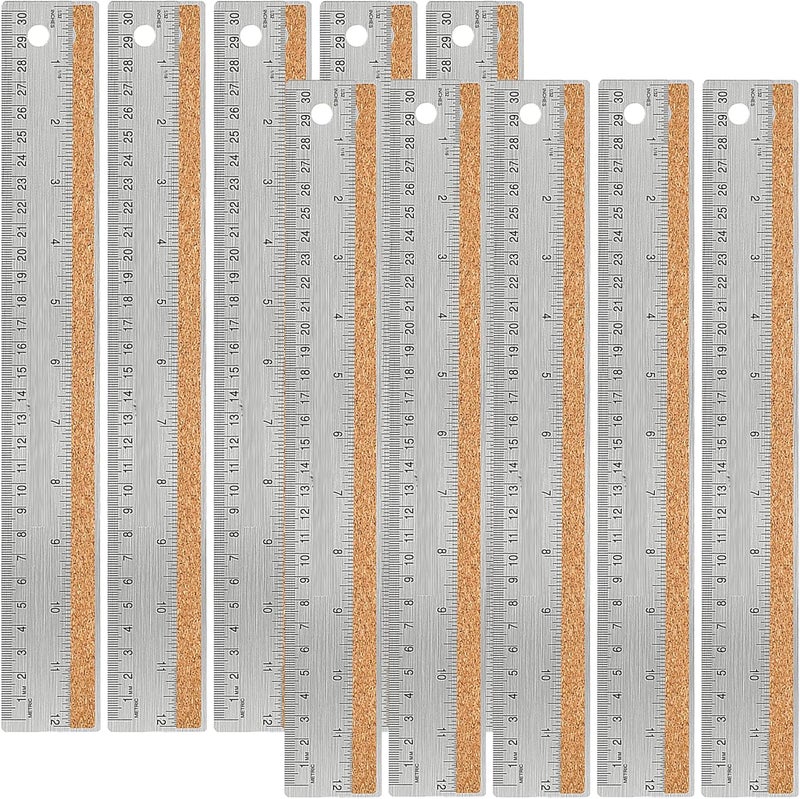 Boompark Stainless Steel Metal Ruler:[10 Pieces 12 Inch] Stainless Steel Metal Ruler with Cork Backing Non-Slip Rulers with Inch and Centimeters Metal Ruler Drafting Office Tools Prevent Ink Leakage - Image 1